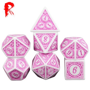 Runes of Protection - White and Pink Etched RPG Acrylic 7 Dice Set - Ronin Games