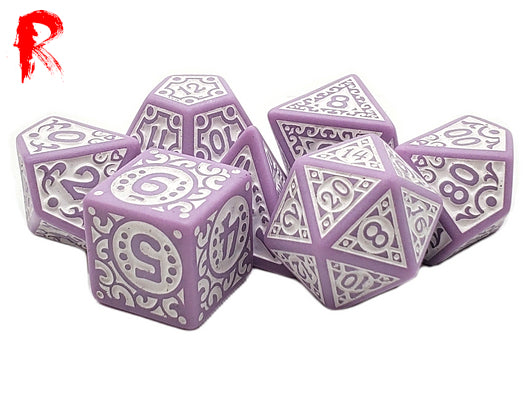 Lilac Mystery - Lilac and White Etched RPG Acrylic 7 Dice Set - Ronin Games