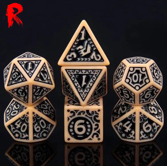 Writhing Runes - Tan/Black Rune 7-Die RPG Set - Ronin Games Acrylic Dice - HDO-47