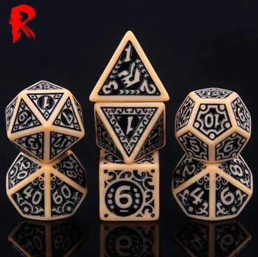 Writhing Runes - Tan/Black Rune 7-Die RPG Set - Ronin Games Acrylic Dice - HDO-47