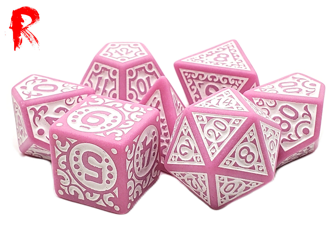 Radiant Runes - Pink and White Etched RPG Acrylic 7 Dice Set - Ronin Games