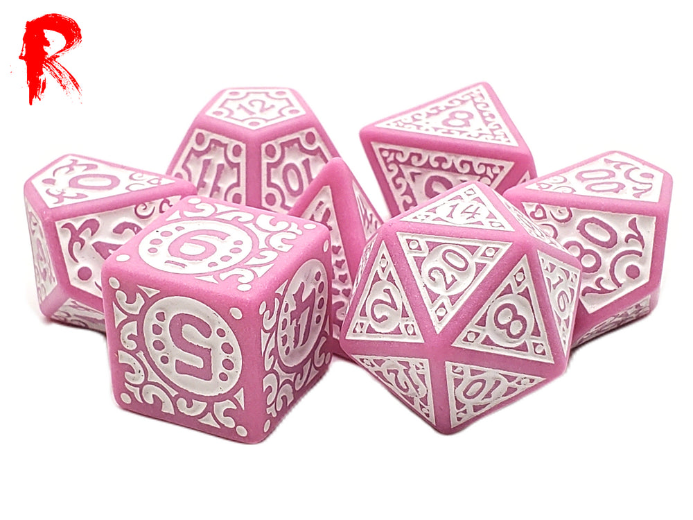 Radiant Runes - Pink and White Etched RPG Acrylic 7 Dice Set - Ronin Games
