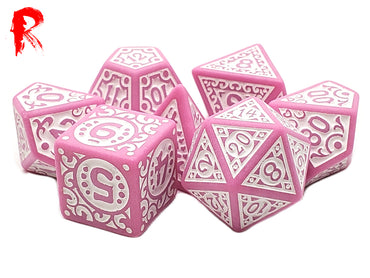 Radiant Runes - Pink and White Etched RPG Acrylic 7 Dice Set - Ronin Games