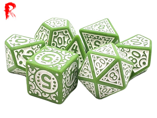 Forest Runes - Green and White Rune 7-Die RPG Set - Ronin Games Acrylic Dice - HDO-49