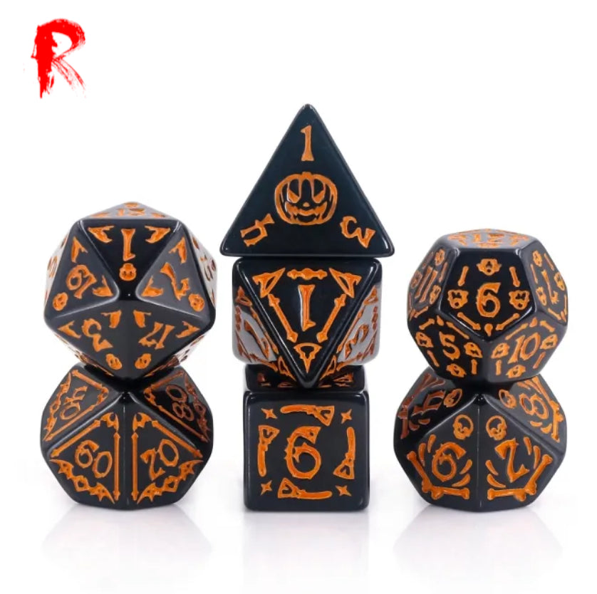 Halloween Pumpkin - Black and Orange Etched 7-Die RPG Set - Ronin Games Acrylic Dice - HDO-52