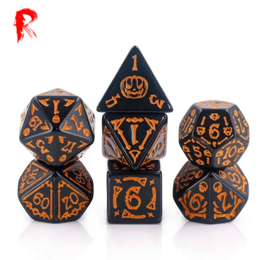 Halloween Pumpkin - Black and Orange Etched 7-Die RPG Set - Ronin Games Acrylic Dice - HDO-52