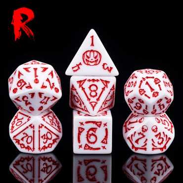 Halloween White/Red Etched 7-Die RPG Set - Ronin Games Acrylic Dice - HDO-53