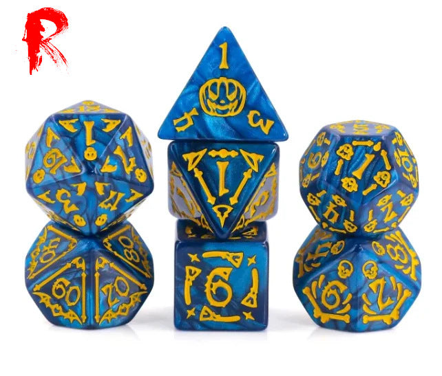 Halloween Ghost - Blue/Yellow Etched 7-Die RPG Set - Ronin Games Acrylic Dice - HDO-55