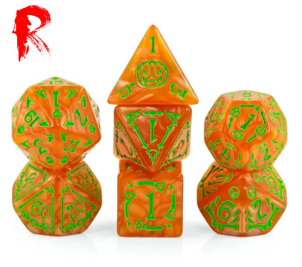 Halloween Jack - Orange/Green Etched 7-Die RPG Set - Ronin Games Acrylic Dice - HDO-57