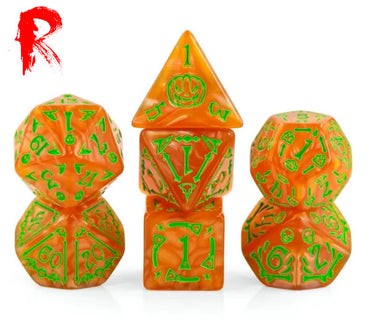 Halloween Jack - Orange/Green Etched 7-Die RPG Set - Ronin Games Acrylic Dice - HDO-57