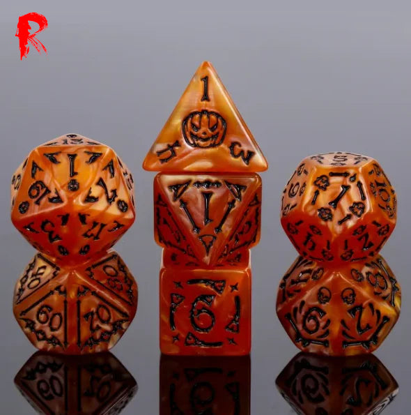 Halloween Jack - Orange/Black Etched 7-Die RPG Set - Ronin Games Acrylic Dice - HDO-58