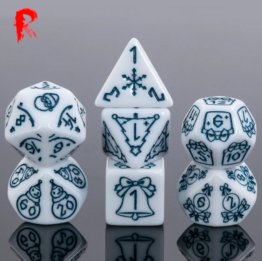 Holiday Snowman - White + Black Etched RPG Acrylic 7 Dice Set - Ronin Games - HDO-59