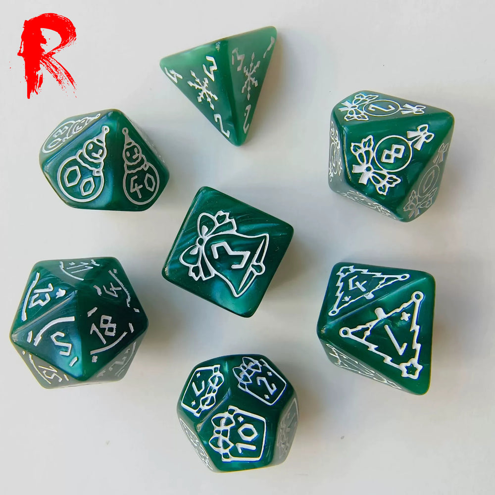 Christmas Gift - Green + White Etched RPG Acrylic 7 Dice Set - Ronin Games - HDO-61