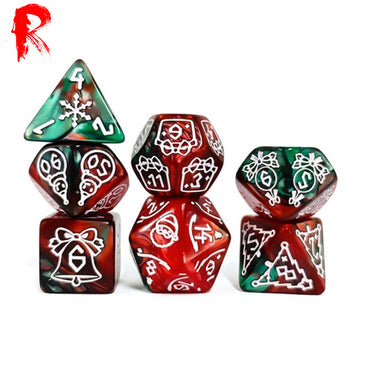 Festive Dice - Green + Red Etched 7-Die RPG Set - Ronin Games Acrylic Dice - HDO-62
