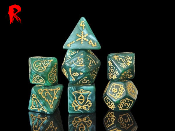 Christmas Holly - Green + Gold Etched RPG Acrylic 7 Dice Set - Ronin Games - HDO-66