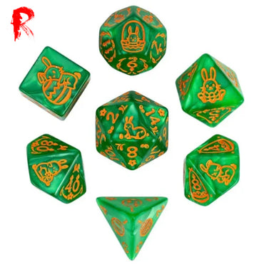 Springtime Bunny - Green + Orange Etched RPG Acrylic 7 Dice Set - Ronin Games HDO-67