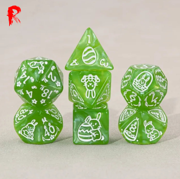 Easter Bunny - Green + White Etched RPG Acrylic 7 Dice Set - Ronin Games HDO-68