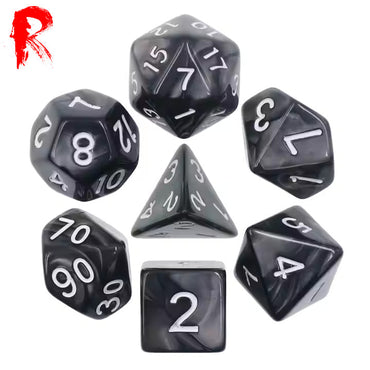 Midnight Onyx - Black Pearl and White Numbers 7-Die RPG Set - Ronin Games Dice - HDP-01