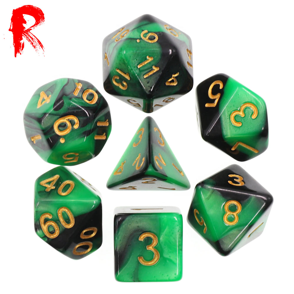 Emerald Forest - Green/Black 7-Die RPG Set - Ronin Games Acrylic Dice HDB-02