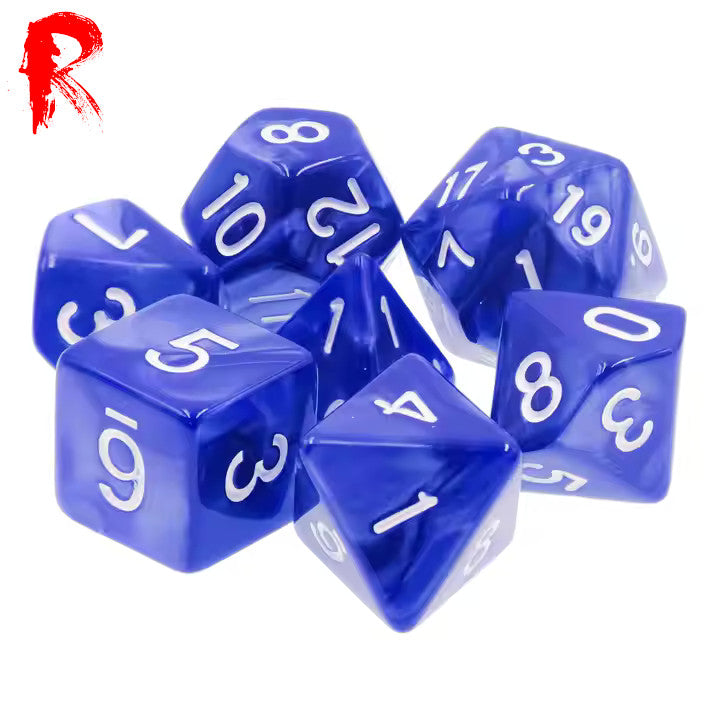 Seeing Pool - Blue Pearl and White Numbers 7-Die RPG Set - Ronin Games Dice - HDP-04