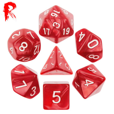 Ruby Sparkle - Red Pearl and White Numbers 7-Die RPG Set - Ronin Games Dice - HDP-05