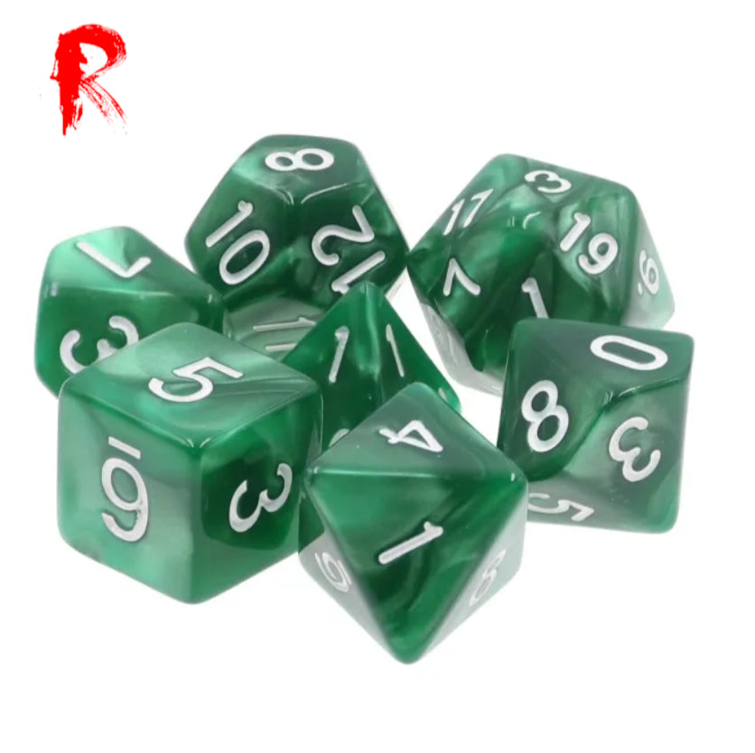 Forest Sanctuary - Green Pearl with White Numbers - 7-Die RPG Set - Ronin Games Dice - HDP-07