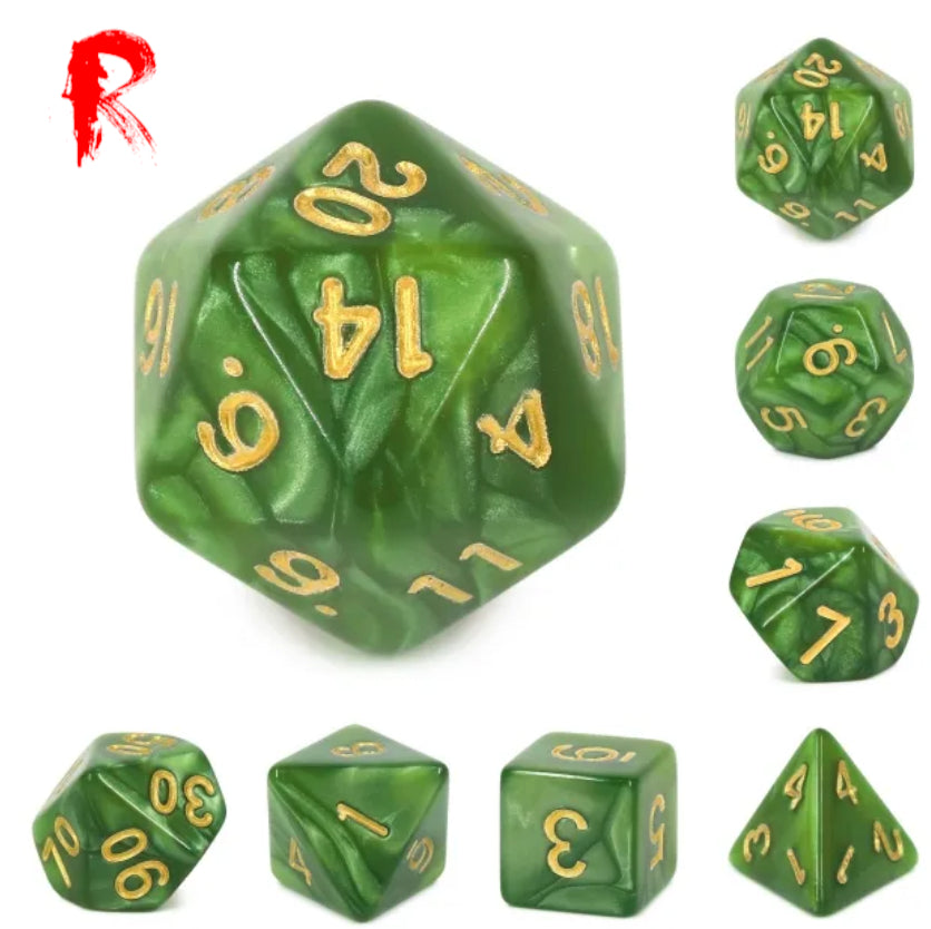 Ranger's Quest - Green and Gold Pearl 7-Die RPG Set - Ronin Games Dice - HDP-17