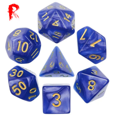 Open Skies - Blue Pearl with Gold Numbers 7-Die RPG Set - Ronin Games Dice - HDP-18