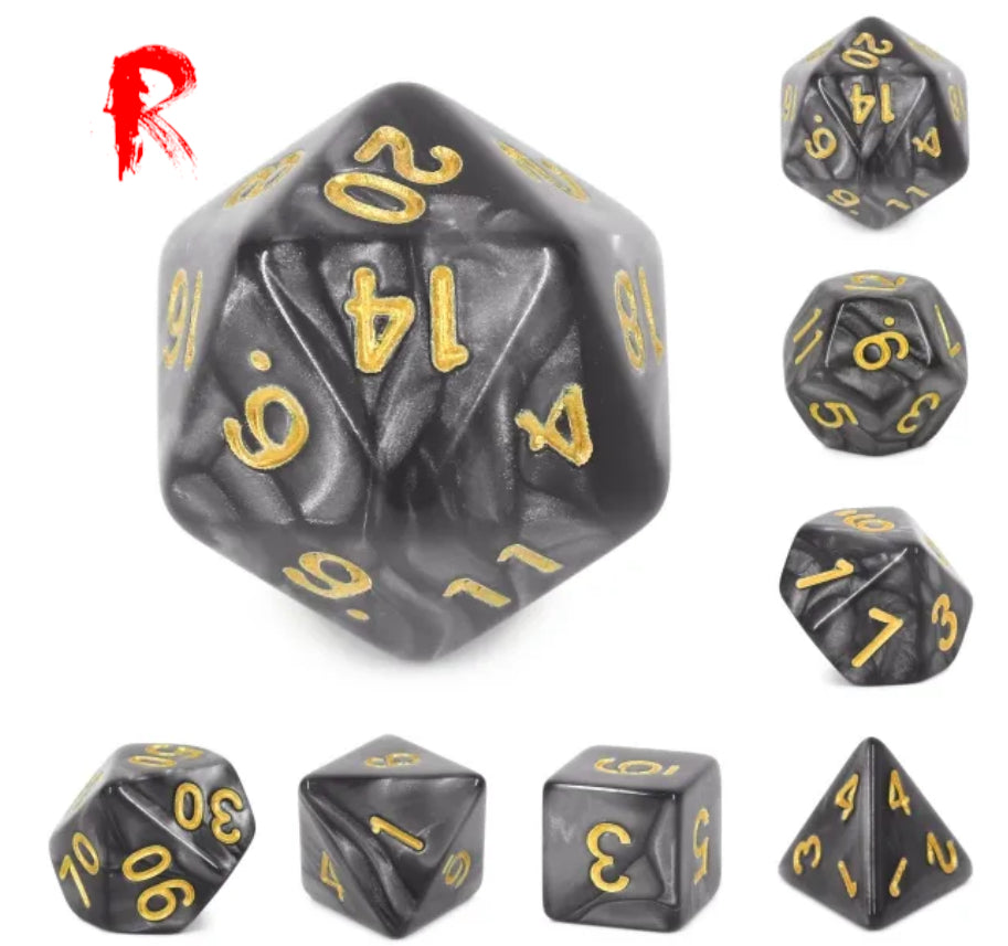 Midnight Prayers - Black Pearl with Gold Numbers 7-Die RPG Set - Ronin Games Acrylic Dice - HDP-19