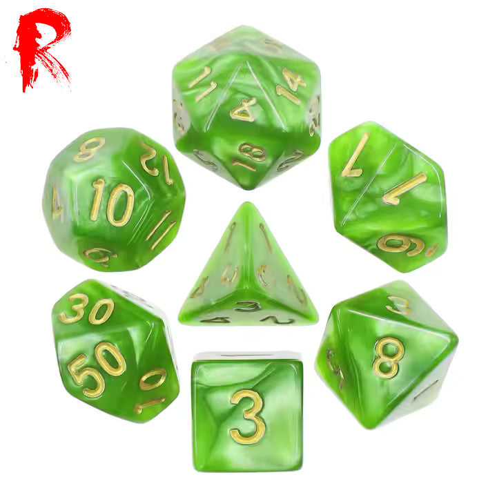 Moss of the World Tree - Light Green and Gold Pearl 7-Die RPG Set - Ronin Games Dice - HDP-20