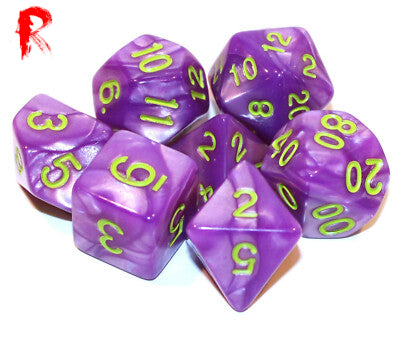 Rogue Sorcerer - Purple Pearl and Green Numbers 7-Die RPG Set - Ronin Games Dice - HDP-24