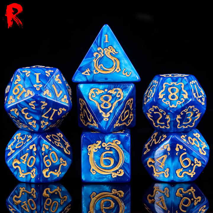 Auspicious Clouds - Blue and Gold 7-Die RPG Set - Ronin Games Dice HDP-33