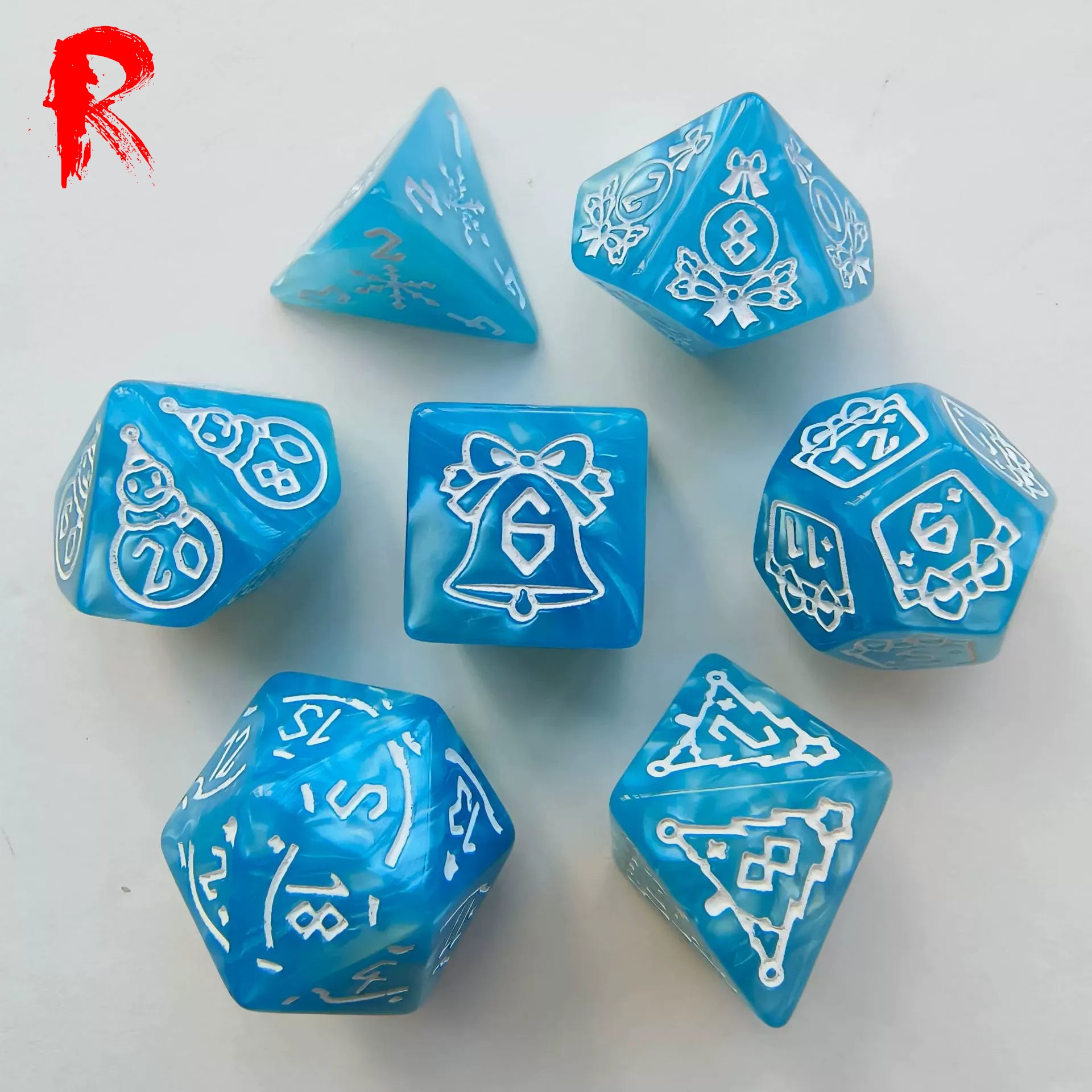 Christmas Gift - Blue + White Etched RPG Acrylic 7 Dice Set - Ronin Games - HDO-65