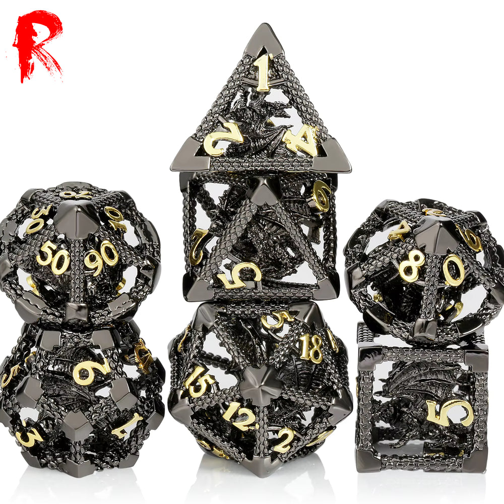 Hollow Dragon - Black Metal with Gold Numbers 7-Dice RPG Set - Ronin Games Dice - HSM-020