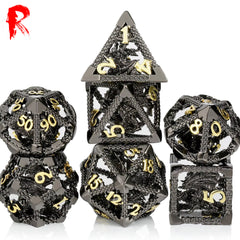 Hollow Dragon - Black Metal with Gold Numbers 7-Dice RPG Set - Ronin Games Dice - HSM-020