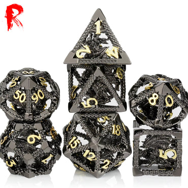 Hollow Dragon - Black Metal with Gold Numbers 7-Dice RPG Set - Ronin Games Dice - HSM-020