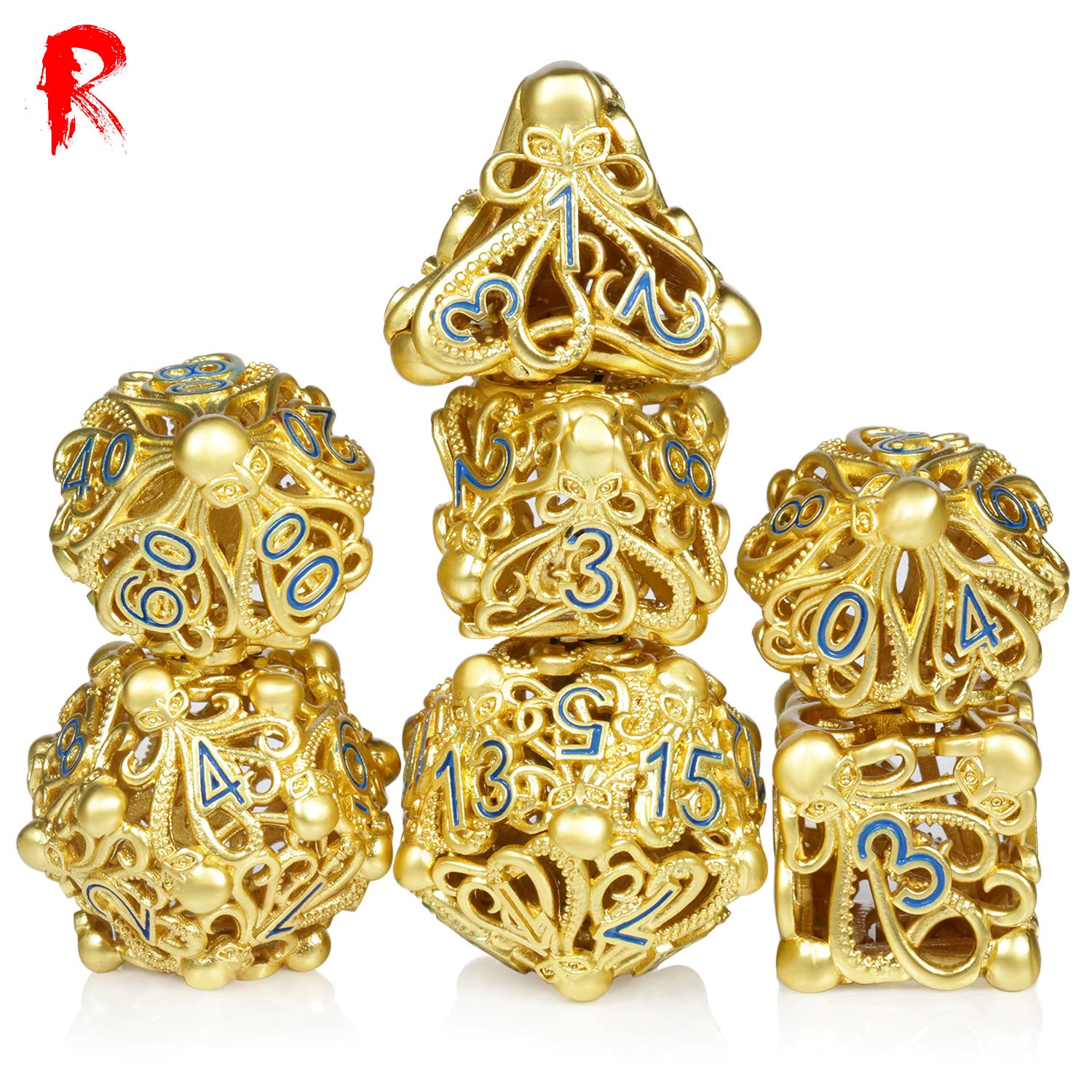 Reaper Squid - Gold Metal with Blue Numbers 7-Dice RPG Set - Ronin Games Dice