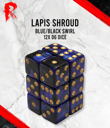 Lapis Shroud - Black/Blue Swirl 12 x d6 Dice Block - Ronin Games Dice