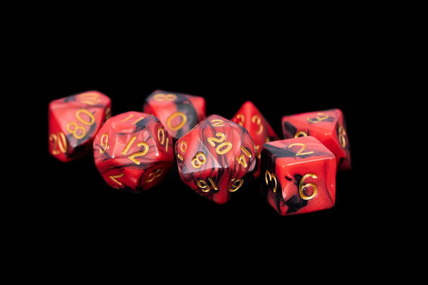 MDG: 16mm Polyhedral Dice Set - Black and Red Marble with Gold Numbers