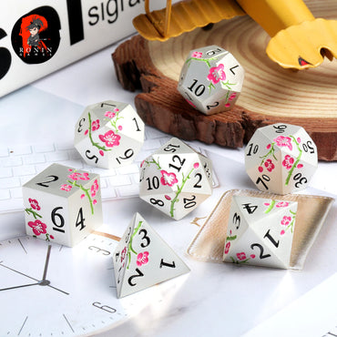Metal Japanese Cherry Blossom Silver and Pink 7-Die RPG Set - Ronin Games Dice MP-005