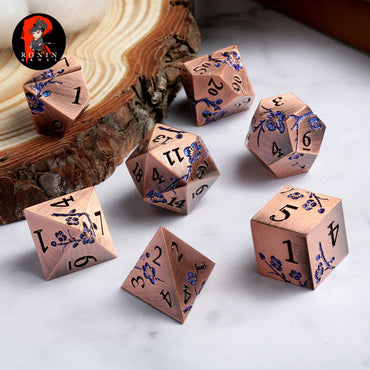 Metal Japanese Cherry Blossom Gold and Purple 7-Die RPG Set - Ronin Games Dice MP-003