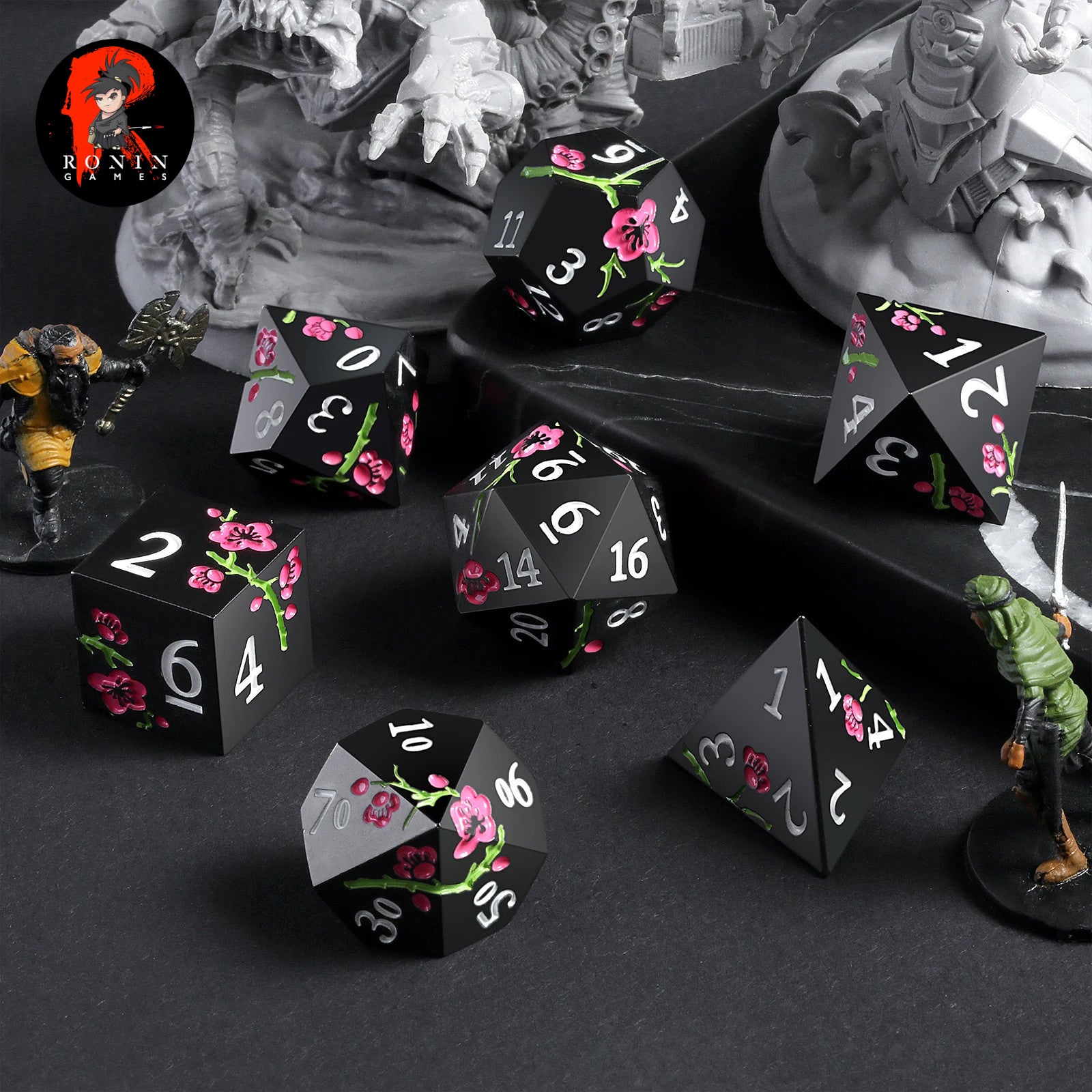 Metal Japanese Cherry Blossom Black and Pink 7-Die RPG Set - Ronin Games Dice MP-004