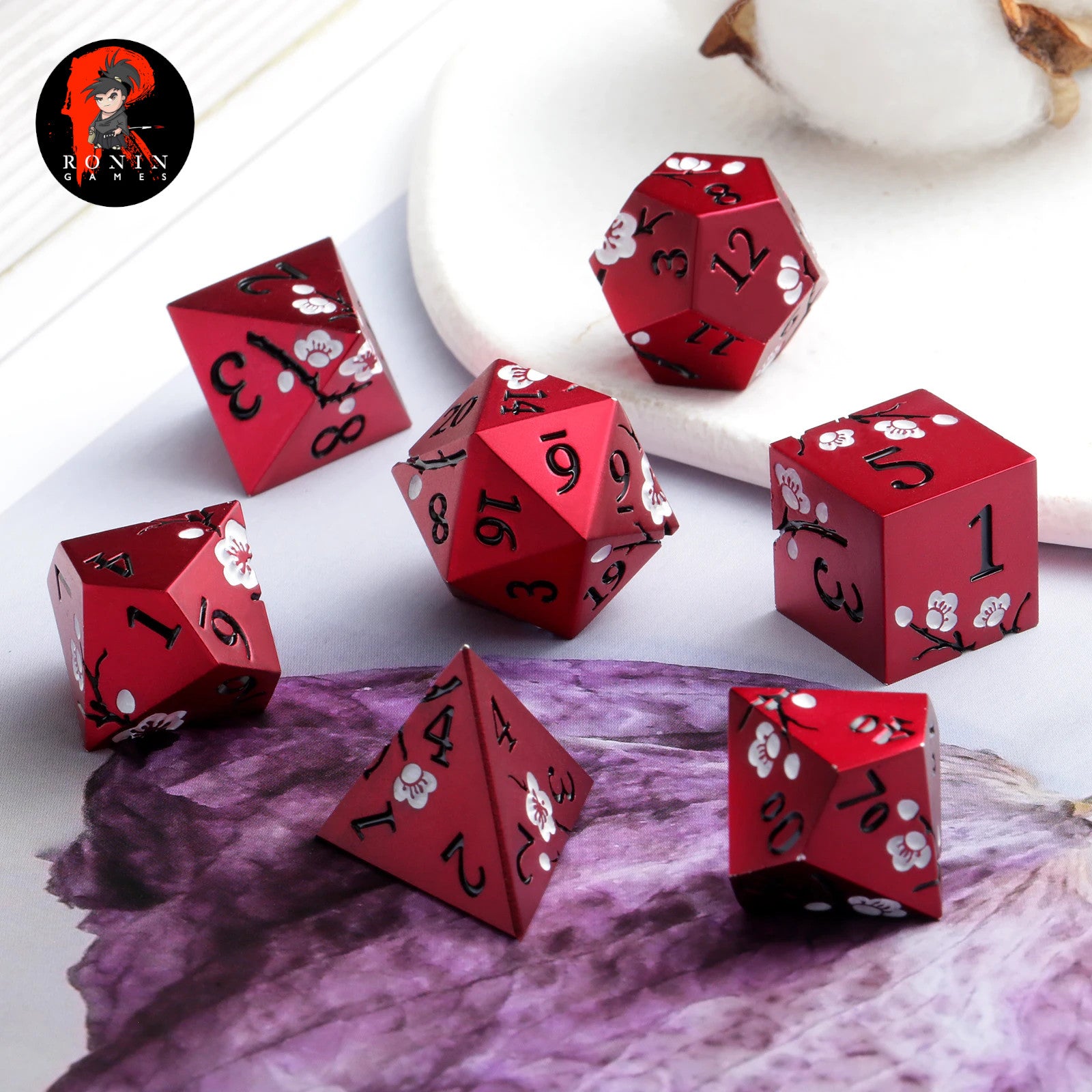 Metal Japanese Cherry Blossom Red and White 7-Die RPG Set - Ronin Games Dice MP-011