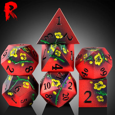 Metal Japanese Cherry Blossom Red, Black & Yellow 7-Die RPG Set - Ronin Games Dice MP-027