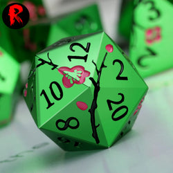 Metal Japanese Cherry Blossom Rose Green and Pink 7-Die RPG Set - Ronin Games Dice MP010