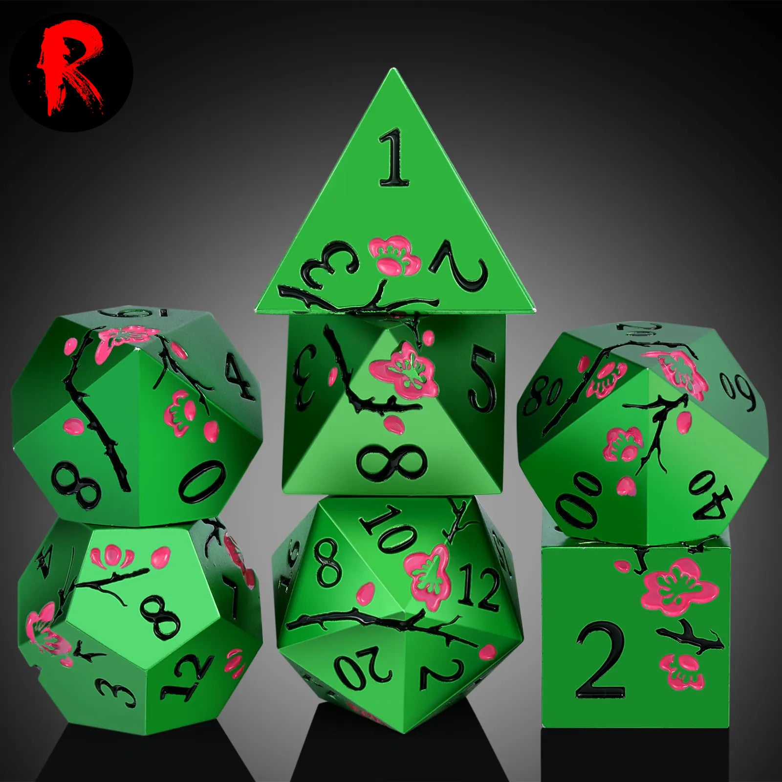 Metal Japanese Cherry Blossom Rose Green and Pink 7-Die RPG Set - Ronin Games Dice MP010