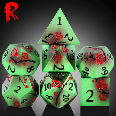 Metal Japanese Cherry Blossom Black, Green & Red 7-Die RPG Set - Ronin Games Dice MP028