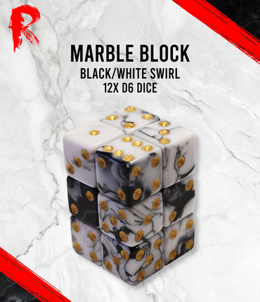 Marble Block - Black/White Swirl 12 x d6 Dice Block - Ronin Games Dice