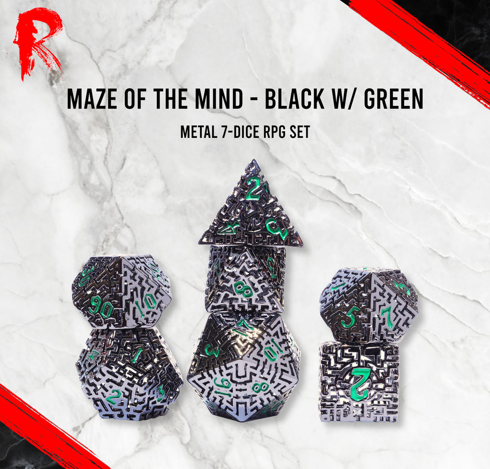 Maze of the Mind - Black Nickel with Green Numbers - Ronin Games Dice - HDW-002