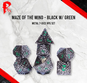 Maze of the Mind - Black Nickel with Green Numbers - Ronin Games Dice - HDW-002